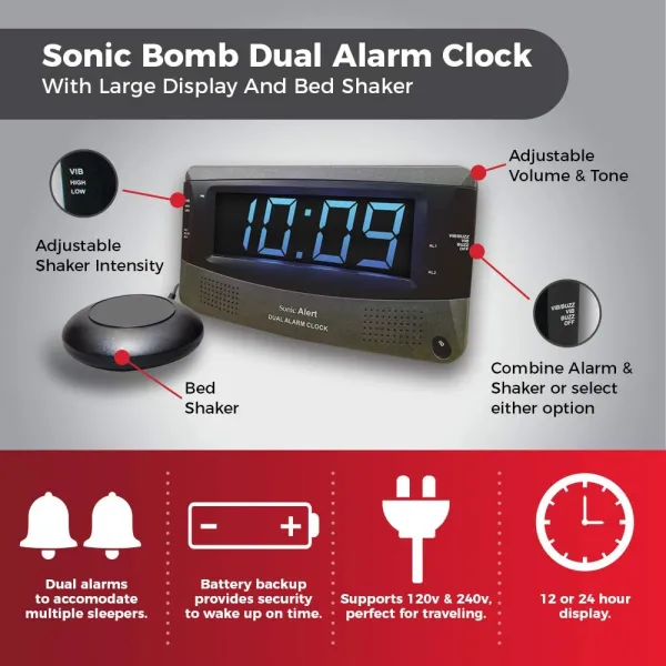 Sonic Alert Sonic Boom SBD375ss Vibrating Dual Alarm Clock | Dark Grey