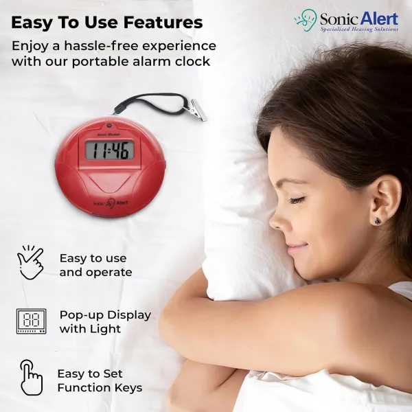 Sonic Alert Sonic Shaker SBP100 Vibrating Travel Alarm Clock | Red